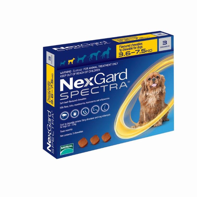 Nexgard Spectra 3.6kg-7.5kg 3 Pack Chewables For Dogs Yellow.