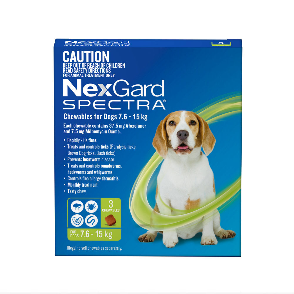 Nexgard Spectra 7.6kg-15kg 3 Pack Chewables For Dogs Green.