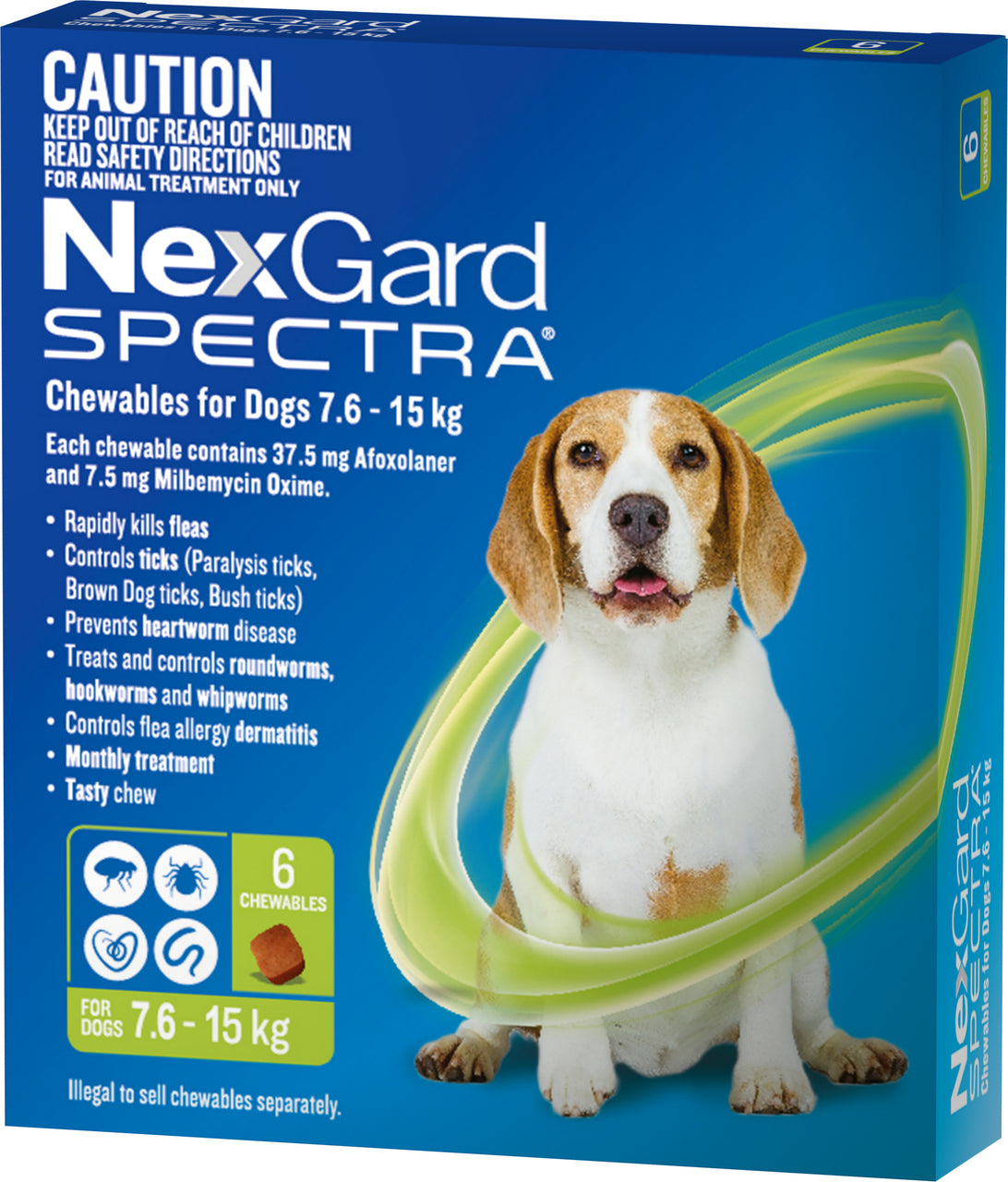 Nexgard Spectra 7.6kg-15kg 6 Pack Chewables For Dogs Green.