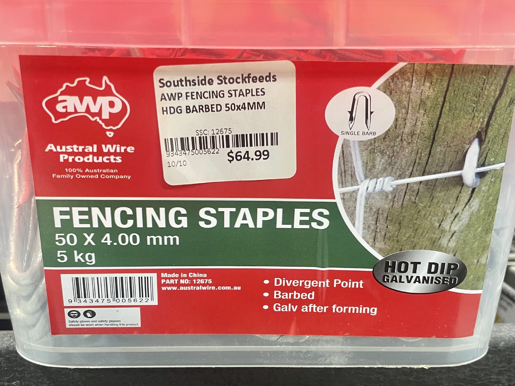 AWP FENCING STAPLES HDG BARBED 50x4MM 5KG